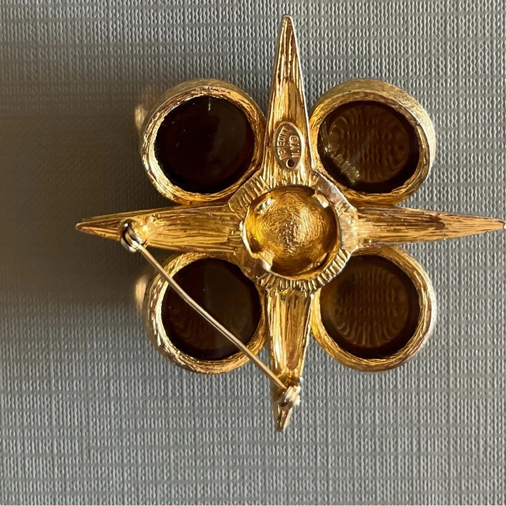 Vintage Benedikt NY Maltese cross brooch, with faceted amber glass stones .
